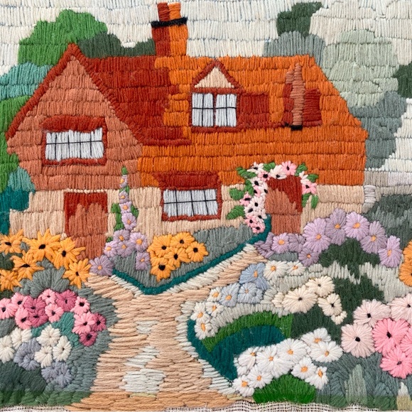 Other - Vintage Handmade Cottage-core Longstitch Wall Fibre Art No Frame 13”x10.5”